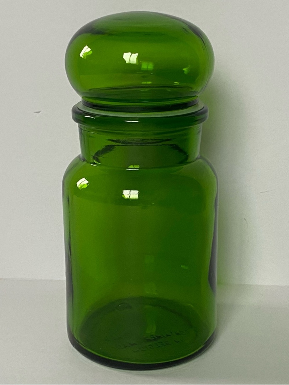Vintage Green Mushroom Bubble Top Lid Glass Apothecary Jar Canister Belgium 7”